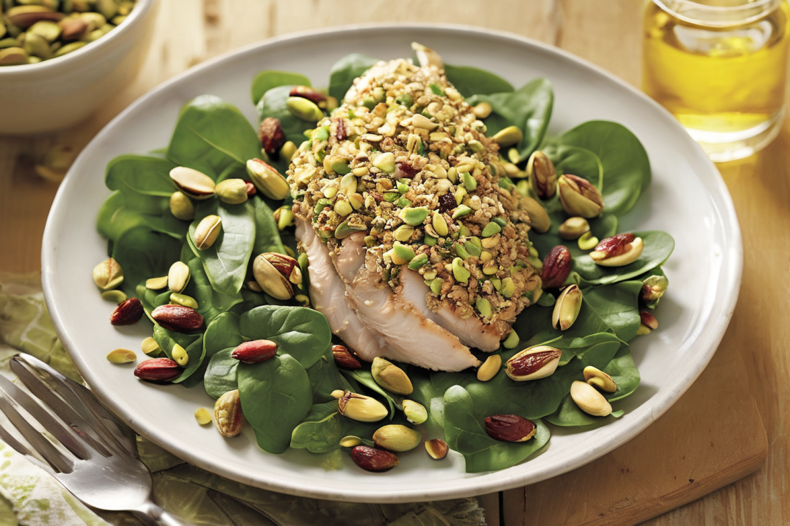 Pistachio-Crusted Chicken Salad with Spinach