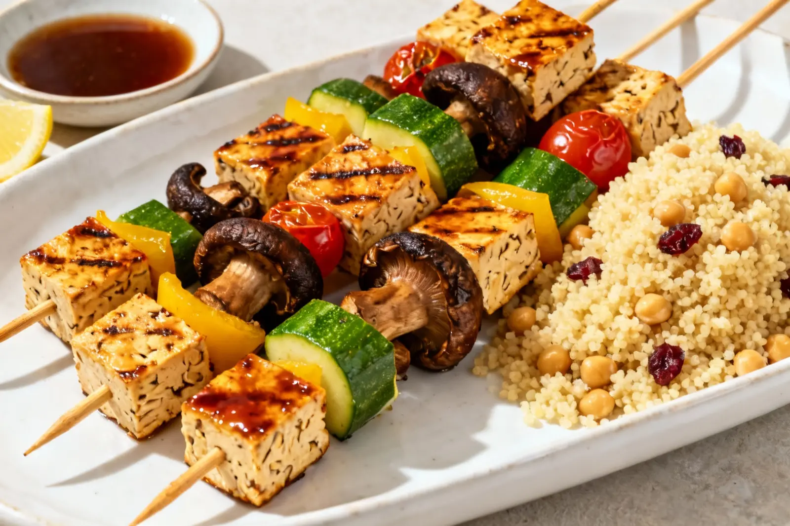 Mediterranean Tempeh Skewers with Fluffy Couscous