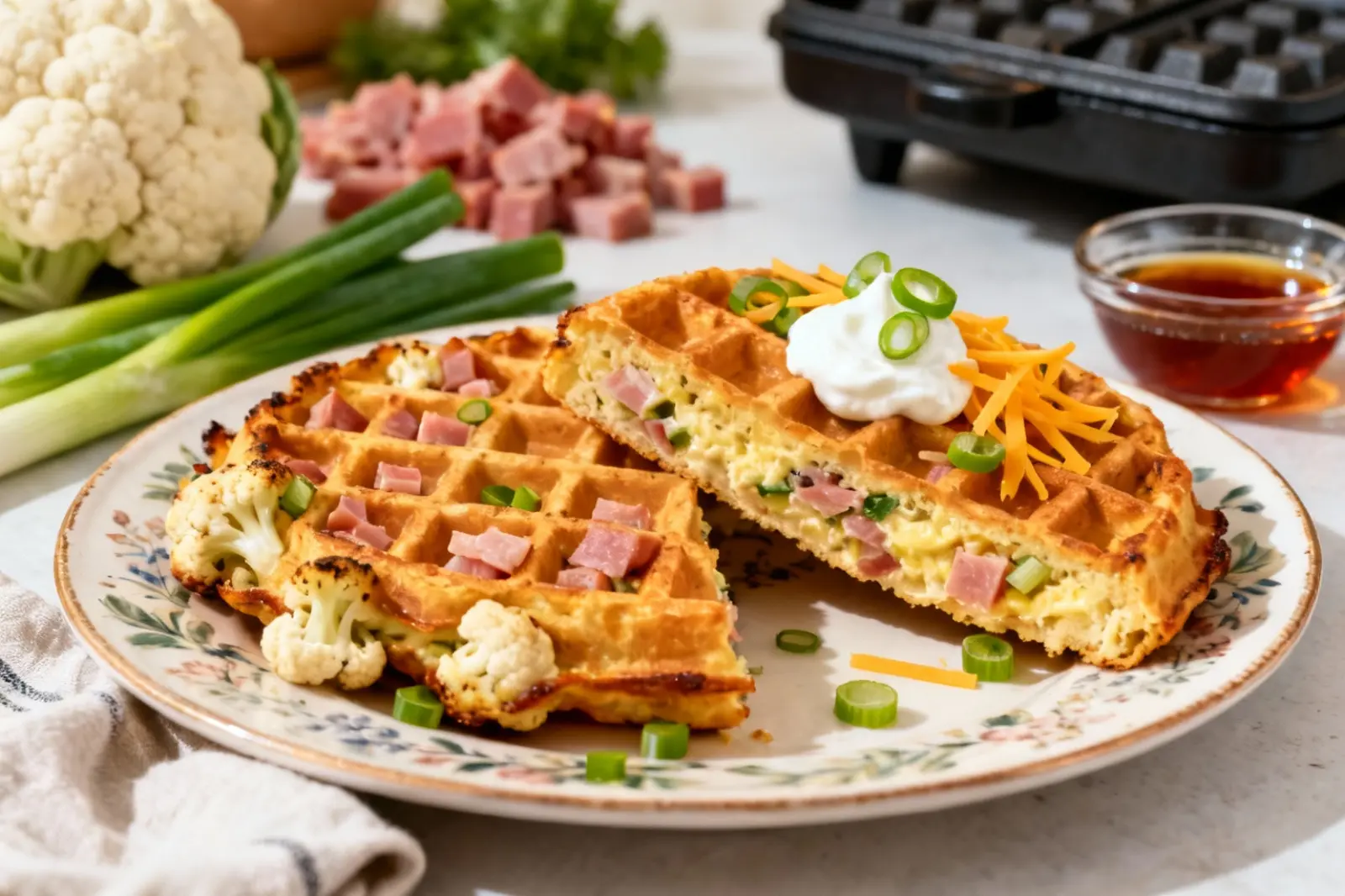 Savory Cauliflower Ham Waffles