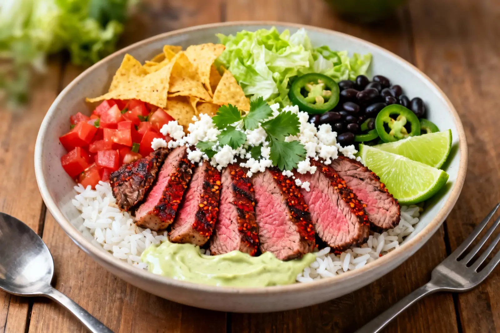 Spicy Southwestern Beef Bowl with Avocado Dressing