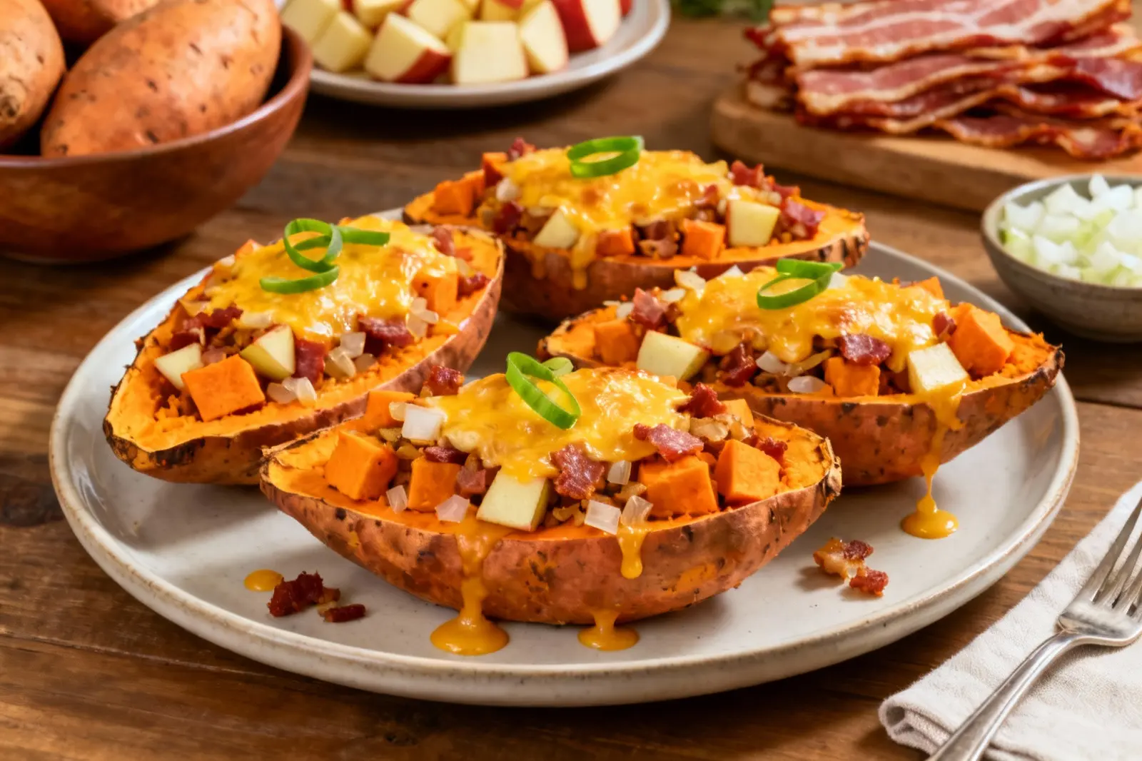 Crispy Sweet Potato Boats with Bacon and Apples